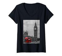 Femme Londres rétro Noir et Blanc avec Big Ben, Horizon de Londres T-Shirt avec Col en V
