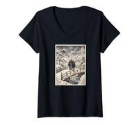 Femme Lone Ronin traversant Un Pont enneigé Ukiyo-e Art Japonais T-Shirt avec Col en V