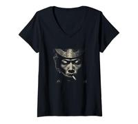 Femme Lonely Western Cowboy fumant Portrait Vintage T-Shirt avec Col en V