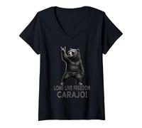 Femme Long Live Freedom Carajo Grizzly Ours Rock Gesture T-Shirt avec Col en V