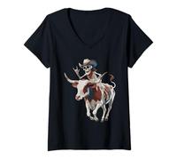 Femme Longhorn Bull Cowboy Cattle Squelette Farm Halloween T-Shirt avec Col en V