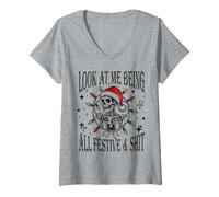 Femme Look at Me Being All Festive Sarcastique Squelette Noël T-Shirt avec Col en V