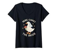 Femme Look brodé « Here Comes The Bride Goose » T-Shirt avec Col en V