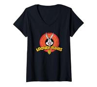 Femme Looney Tunes Bugs Bunny Logo T-Shirt avec Col en V, Noir, L