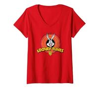 Femme Looney Tunes Bugs Bunny Logo T-Shirt avec Col en V, Rouge, L