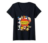 Femme Looney Tunes Group Circle Logo T-Shirt avec Col en V