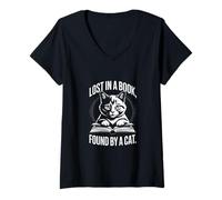 Femme Lost in A Book Found by A Cat Reading Amateurs T-Shirt avec Col en V