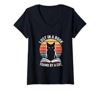 Femme Lost in A Book Found by A Cat Reading Amateurs T-Shirt avec Col en V