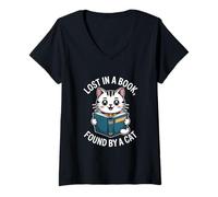 Femme Lost in A Book Found by A Cat Reading Amateurs T-Shirt avec Col en V
