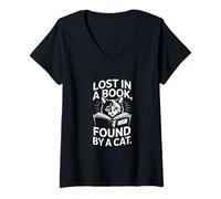Femme Lost in A Book Found by A Cat Reading Amateurs T-Shirt avec Col en V