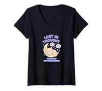Femme Lost in Thought Froudly Daydreaming Cat Kawaii Art T-Shirt avec Col en V