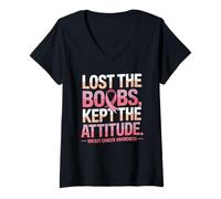 Femme Lost The Boobs Kept The Attitude Breast Cancer Awareness T-Shirt avec Col en V