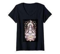 Femme Lotus Lunaire Méditation Prêtresse Phases de Lune Étoiles Yoga T-Shirt avec Col en V