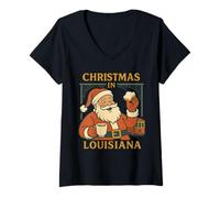 Femme Louisiana Santa Beignet Chemise de Vacances Chariot à café Mignon T-Shirt avec Col en V