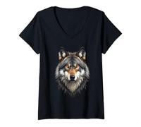 Femme Loup Alpha, Chef de Loup Solitaire, Design Graphique Guerrier T-Shirt avec Col en V