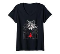 Femme Loup avec Chaperon Rouge Loup Canine Lover Art Wolf Lover T-Shirt avec Col en V