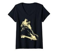 Femme Loup avec Guitare à Bascule Guitariste Animal Punk Grunge T-Shirt avec Col en V