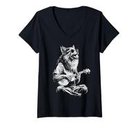 Femme Loup avec Lunettes de Soleil Animal Guitariste drôle Guitariste T-Shirt avec Col en V