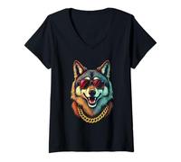 Femme Loup avec lunettes de soleil, cool drôle rebelle boss hip loup visage de loup T-Shirt avec Col en V
