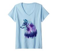 Femme Loup Blanc Arctic Wolves Amoureux Animaux aurores boréales T-Shirt avec Col en V