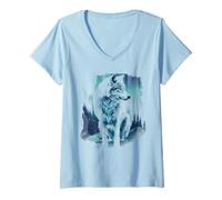 Femme Loup Blanc Arctic Wolves aurores boréales T-Shirt avec Col en V