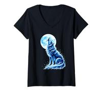 Femme Loup Bleu Hurlant à la Pleine Lune T-Shirt avec Col en V