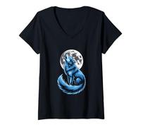 Femme Loup Bleu Hurle À La Lune T-Shirt avec Col en V