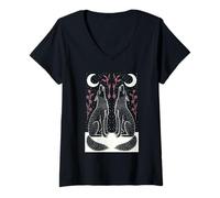 Femme Loup céleste Hurlant Lune Floral sur Bois Art Populaire T-Shirt avec Col en V