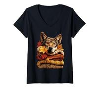 Femme Loup coloré se reposant avec des Feuilles d'automne - Animal d'automne Confortable T-Shirt avec Col en V