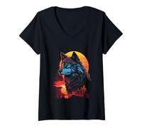 Femme Loup Contre Un Orange forêt Coucher de Soleil T-Shirt avec Col en V