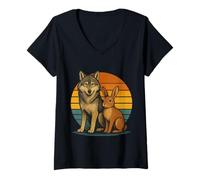 Femme Loup et lièvre rétro Animaux Amis forêt Faune T-Shirt avec Col en V