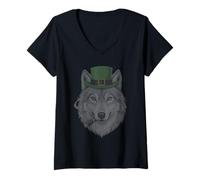 Femme Loup fumant St Patrick Funny Wolf Smoking Husky Irish T-Shirt avec Col en V