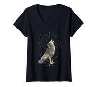 Femme Loup Hurlant Céleste Constellation Cosmique T-Shirt avec Col en V