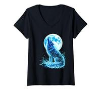 Femme Loup Hurlant Lune Pleine Éclat T-Shirt avec Col en V