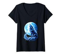 Femme Loup Hurlement Pleine Lune Bleu Mystique T-Shirt avec Col en V