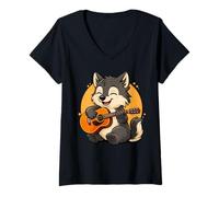Femme Loup Jouant de la Guitare Graphique Loup garçons Filles Amateurs de Guitare T-Shirt avec Col en V