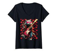 Femme Loup Jouant de la Guitare Guitariste Animal Saint Valentin cœurs T-Shirt avec Col en V