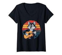 Femme Loup Jouant de la Guitare Vintage Guitare rétro Rock Guitariste T-Shirt avec Col en V