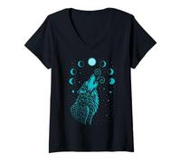 Femme Loup Lune Phases lunaires Art Mystique en Lignes Menthe T-Shirt avec Col en V