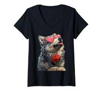 Femme Loup Mignon avec des Lunettes en Forme de cœur Rose pour la Saint-Valentin T-Shirt avec Col en V
