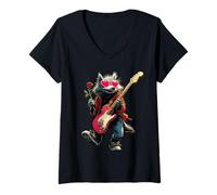 Femme Loup Mignon Jouant de la Guitare Guitariste Animal Saint-Valentin T-Shirt avec Col en V