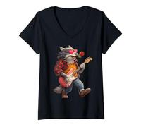 Femme Loup Mignon Jouant de la Guitare Guitariste Animal Saint-Valentin T-Shirt avec Col en V