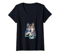 Femme Loup Mystique Hurlant à la Lune Esprit Amoureux des Animaux Nature T-Shirt avec Col en V