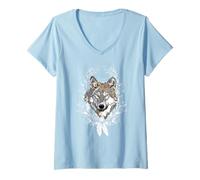 Femme Loup Native Tribal Indien Plumes Attrape-rêves Loups T-Shirt avec Col en V