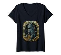 Femme Loup Nordique avec Helm of Awe Aegishjalmur Runes Viking T-Shirt avec Col en V