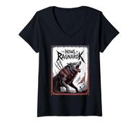 Femme Loup Nordique épique Fenrir The Howl of Ragnarok Viking Spirit T-Shirt avec Col en V