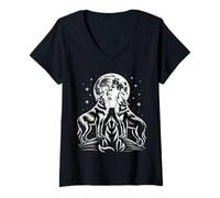 Femme Loups drôles Hurlant sur la Lune sous Les étoiles T-Shirt avec Col en V