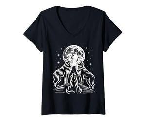 Femme Loups drôles Hurlant sur la Lune sous Les étoiles T-Shirt avec Col en V