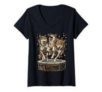 Femme Loups drôles sautant sur Un Trampoline Fall Vibes Autumn Animals T-Shirt avec Col en V