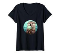 Femme Loutre Adorable ET GOURMANDE Une Glace STRACCIATELLA T-Shirt avec Col en V